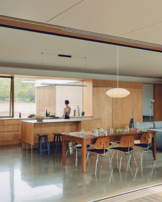 Ironbark House / Not All Architecture - Interior Photography, Kitchen, Wood, Lighting, Table, Countertop, Glass, Chair