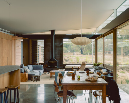 Ironbark House / Not All Architecture - Interior Photography, Dining room, Wood, Table, Chair, Lighting, Glass