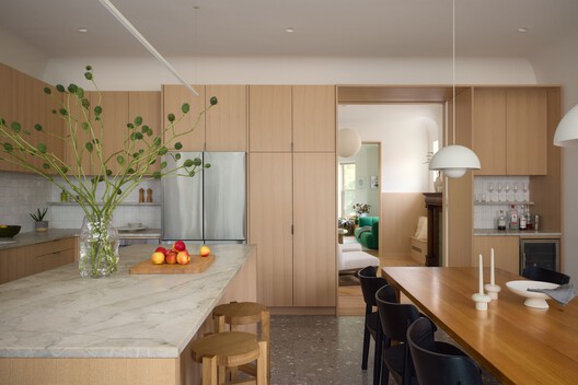 Lefferts Manor House / Abruzzo Bodziak Architects - Interior Photography, Kitchen, Countertop, Wood, Lighting, Table, Chair