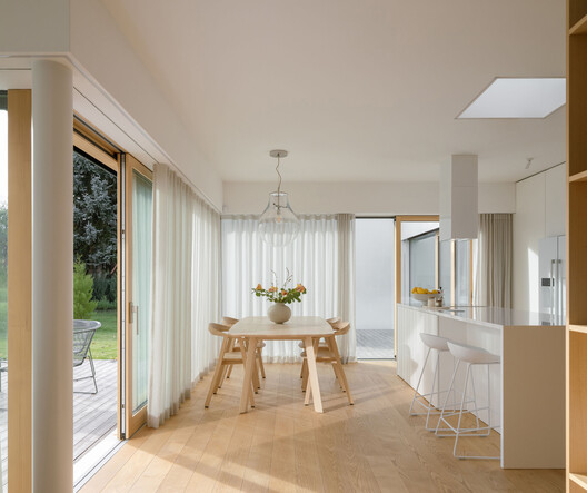 Šestajovice House / mackovič architecture - Interior Photography, Dining room, Wood, Lighting, Chair, Glass