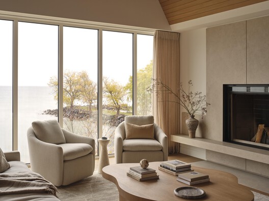 Georgian Bay Beach House / &Pierre Georgian Bay Beach House / &Pierre - Interior Photography, Living Room, Wood, Sofa, Lighting, Chair, Table