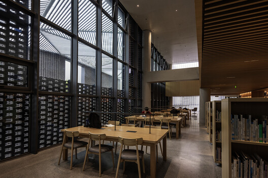Yutang Culture and Sports Center / GL Studio - Interior Photography, Dining room, Wood, Shelving, Glass