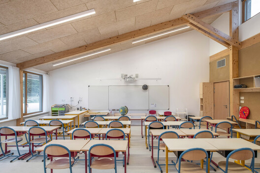 Clairière School / TRACKS - Interior Photography, Dining room, Wood, Table, Chair