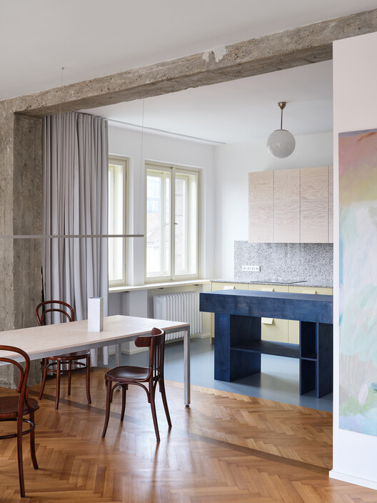 Corner Apartment / Prokop Hartl - Interior Photography, Kitchen, Wood, Lighting, Table, Chair, Glass