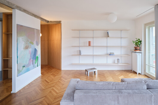Corner Apartment / Prokop Hartl - Interior Photography, Bedroom, Wood, Shelving, Lighting