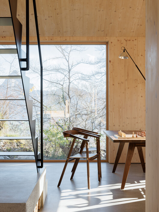 Swiss Alpine Cabin Reconstruction / Guča arch. - Interior Photography, Wood, Chair