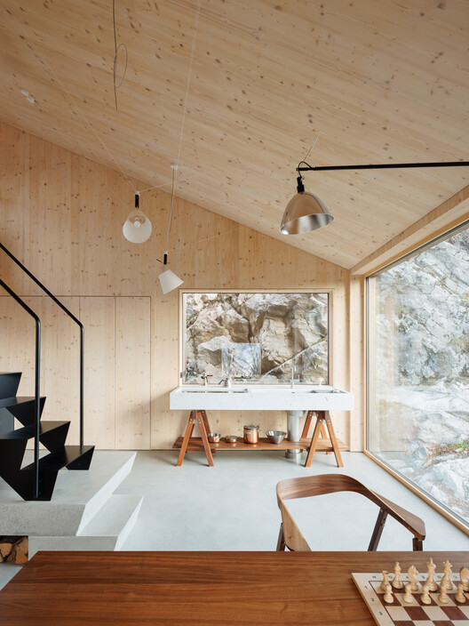 Swiss Alpine Cabin Reconstruction / Guča arch. - Interior Photography, Wood, Lighting, Chair