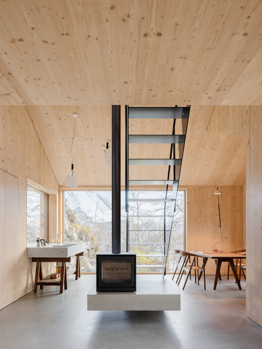 Swiss Alpine Cabin Reconstruction / Guča arch. - Interior Photography, Dining room, Wood, Beam