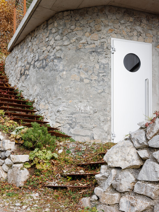 Swiss Alpine Cabin Reconstruction / Guča arch. - Exterior Photography, Stairs, Concrete