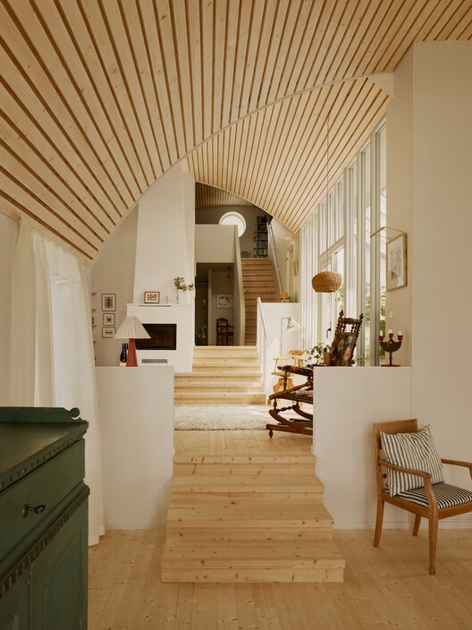 Villa Färingsö - Artist's House / Strombro Building Workshop - Interior Photography, Wood, Lighting, Chair, Stairs, Beam