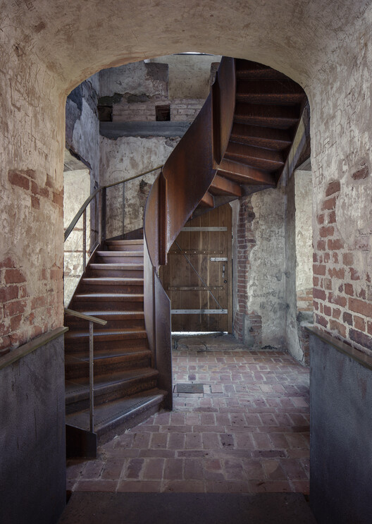 Stjärnorp Castle Ruin  / Tengbom - Interior Photography, Stairs, Brick, Handrail, Concrete
