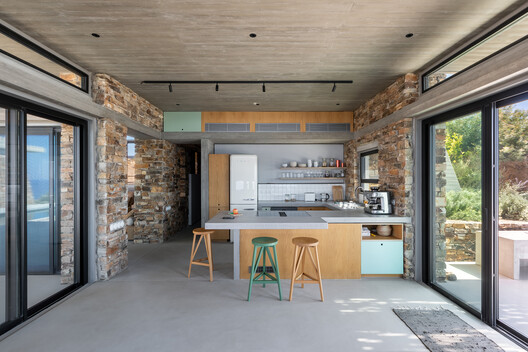 Toward the Sun Summerhouse / Tassos Biris - Sofia Tsiraki & Associate Architects - Interior Photography, Kitchen, Wood, Countertop, Chair, Beam, Concrete
