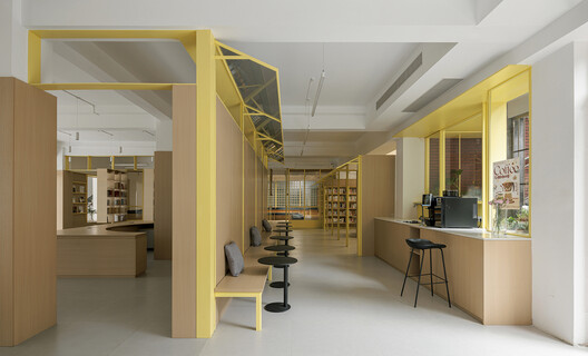 Renovation Design of the Library, Chengdu Shude Experimental Middle School / Modum Atelier Renovation Design of the Library, Chengdu Shude Experimental Middle School / Modum Atelier - Interior Photography, Kitchen, Wood, Shelving, Lighting, Glass, Chair