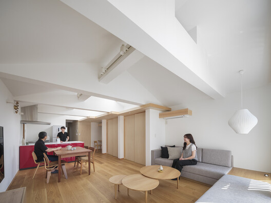 A House, Resident and Milk Delivery Service / Meguro Architecture Laboratory A House, Resident and Milk Delivery Service / Meguro Architecture Laboratory - Interior Photography, Living Room, Wood, Table, Lighting, Chair
