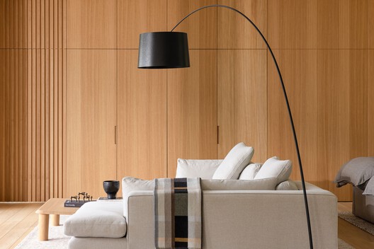 Passive House Forest Retreat / Stark - Interior Photography, Sofa, Wood, Lighting, Table