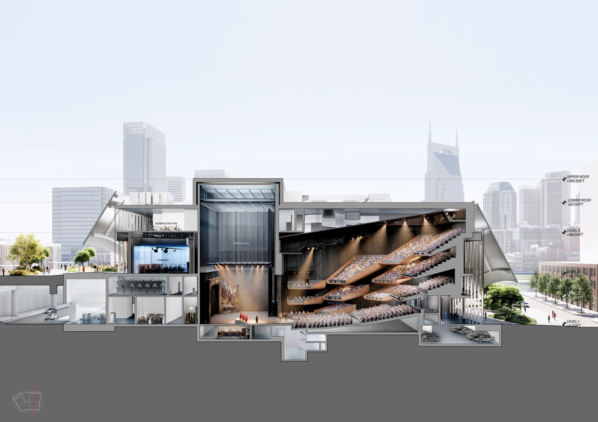 画廊 银色大幕包围的观演台地,BIG 中标田纳西表演艺术中心 - 18
