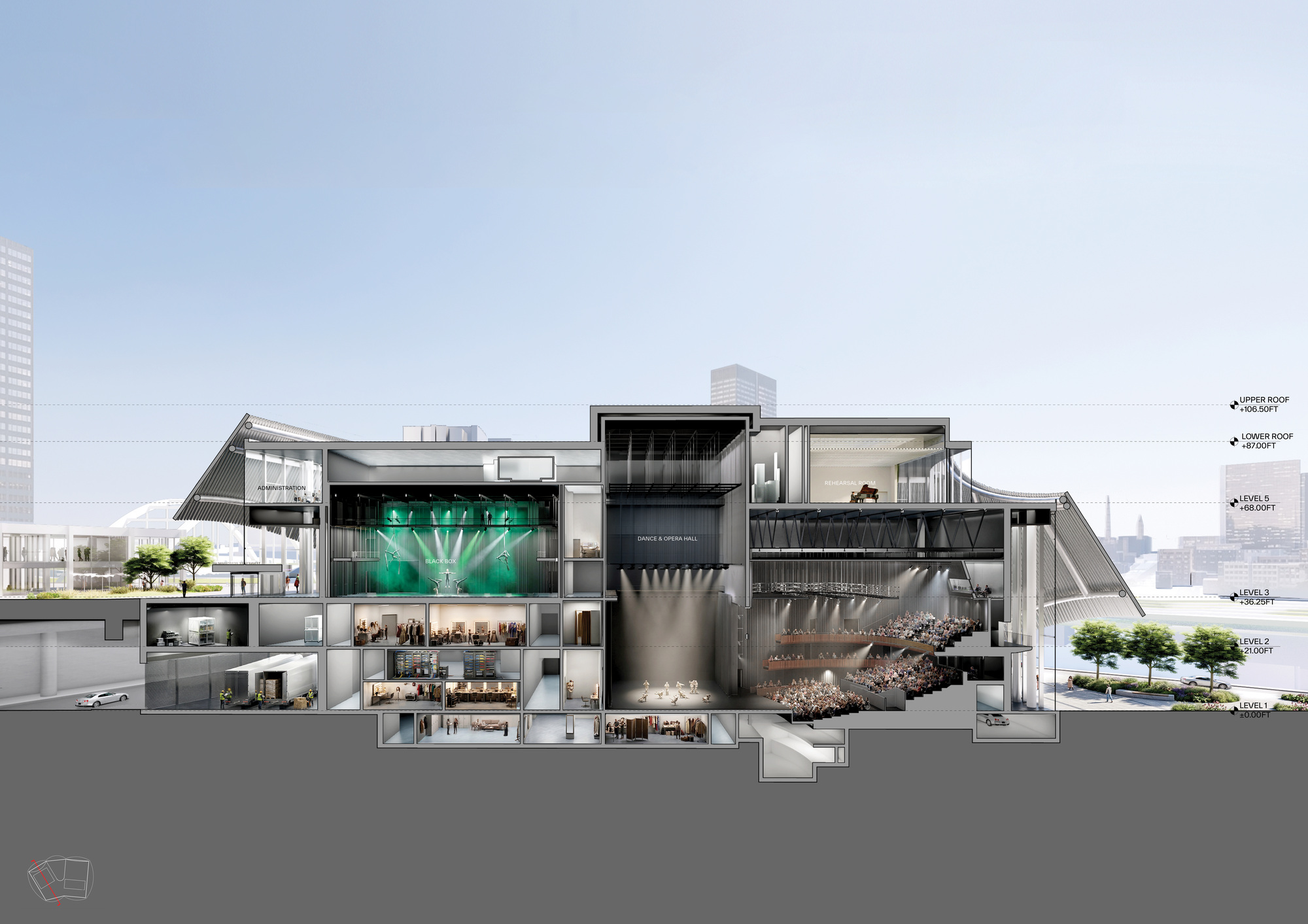 画廊 银色大幕包围的观演台地,BIG 中标田纳西表演艺术中心 - 17