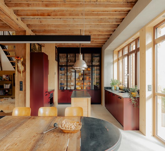 LARUNS / Mesnil Architectures - Interior Photography, Wood, Lighting, Beam, Shelving, Chair