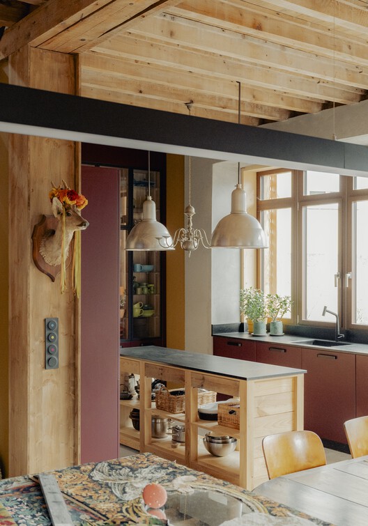 LARUNS / Mesnil Architectures - Interior Photography, Kitchen, Wood, Lighting, Table, Shelving, Countertop, Chair