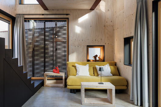Cork House / studio bauform - Interior Photography, Living Room, Wood, Lighting