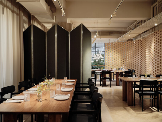 TAL family restaurant / NAAW - Interior Photography, Dining room, Table, Wood, Chair, Lighting, Glass