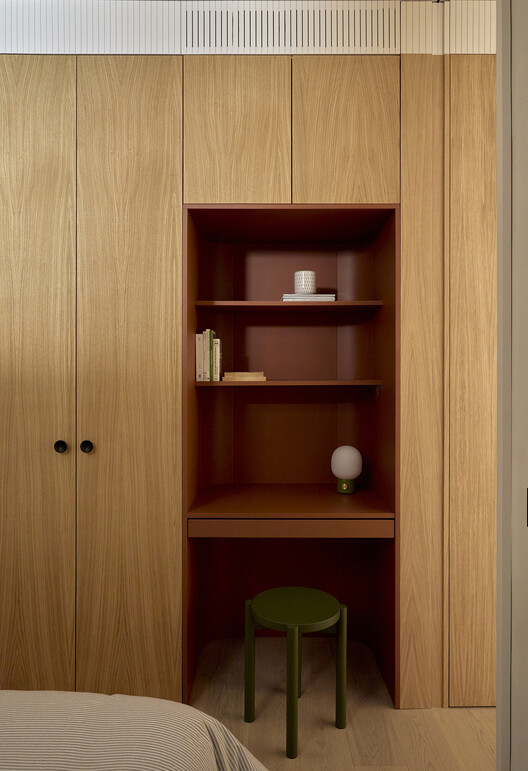 Ruiz Apartment / StudioMadera - Interior Photography, Closet, Wood, Shelving, Lighting, Door