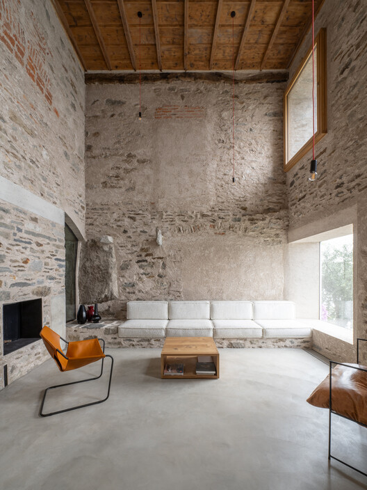 Transformation House ME. in Brissago / Wespi de Meuron Romeo architects - Interior Photography, Living Room, Brick, Concrete, Chair