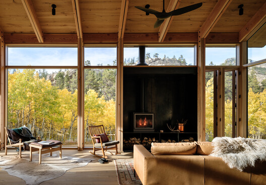 Camp Meeker Cabin / Renée del Gaudio Architecture - Interior Photography, Living Room, Wood, Chair, Table, Beam, Glass