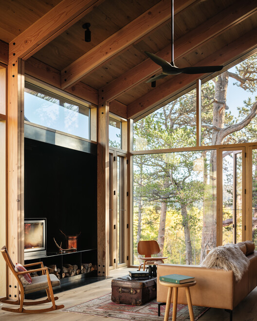 Camp Meeker Cabin / Renée del Gaudio Architecture - Interior Photography, Living Room, Wood, Lighting, Beam, Glass, Chair
