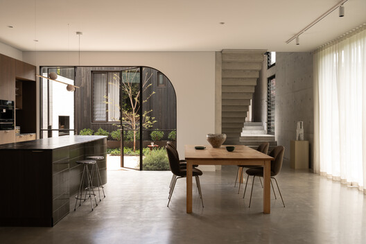 Shou Sugi Ban House / Sandy Anghie Architect - Interior Photography, Dining room, Wood, Table, Chair, Lighting
