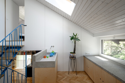 Renovation of two terraced houses of the housing cooperative "Progres - Mirje" Ljubljana / dans arhitekti - Interior Photography, Kitchen, Wood, Lighting, Chair, Countertop