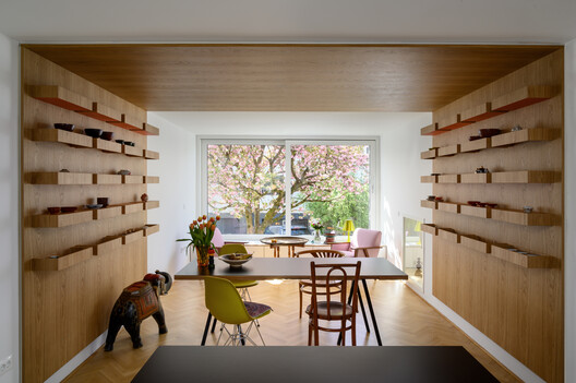 Renovation of two terraced houses of the housing cooperative "Progres - Mirje" Ljubljana / dans arhitekti - Interior Photography, Dining room, Wood, Shelving, Table, Lighting, Chair