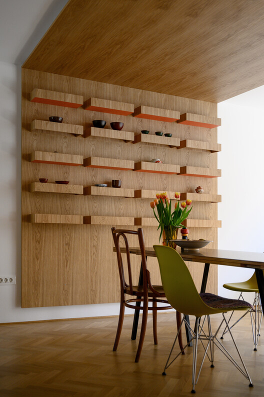 Renovation of two terraced houses of the housing cooperative "Progres - Mirje" Ljubljana / dans arhitekti - Interior Photography, Shelving, Wood, Lighting, Chair