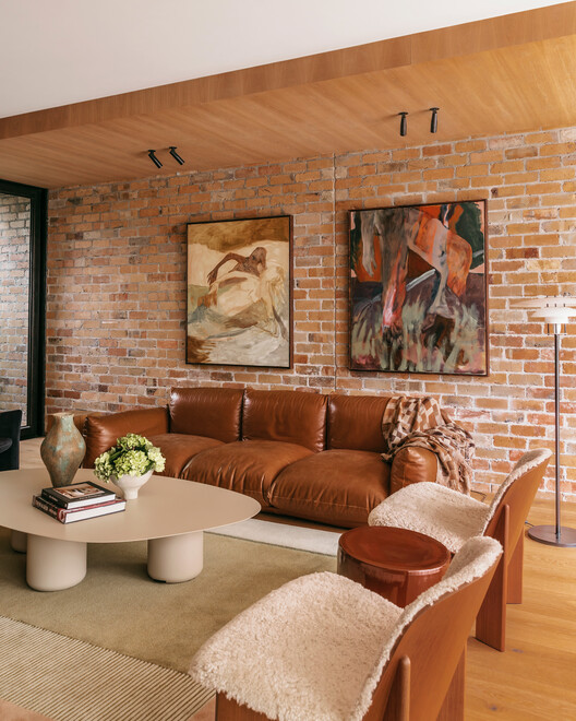 The Gentle House / the Stylesmiths The Gentle House / the Stylesmiths - Interior Photography, Living Room, Sofa, Wood, Brick, Table, Lighting, Chair