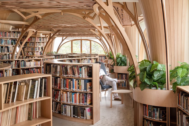 Bisagra Knowledge Forest Library/Studio: fotografía de interiores, armarios, estanterías, madera