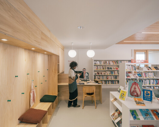 Val d'Oust Cultural Center / Atelier 56S - Interior Photography, Shelving, Wood, Lighting