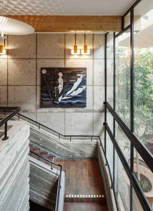 Campus Tensta Renovation  / Tengbom - Interior Photography, Stairs, Wood, Lighting, Glass, Handrail