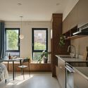 Pavillon Monk  / L. McComber  - Interior Photography, Social Housing, Kitchen, Countertop, Table, Chair