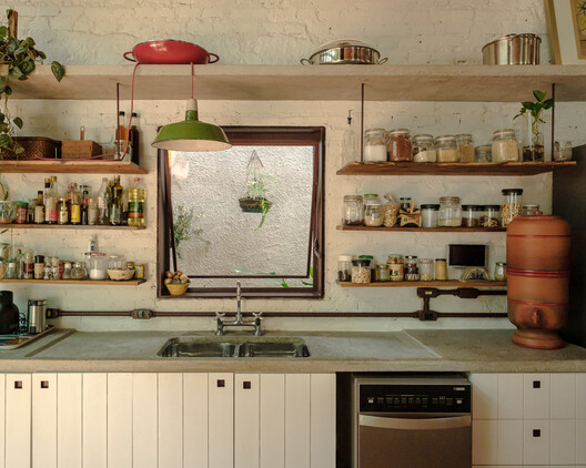 Caraçá Residence / 23 SUL - Interior Photography, Kitchen, Shelving, Countertop, Wood, Lighting