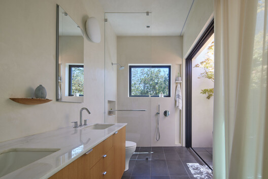 Portola Valley Home  / Schwartz and Architecture - Interior Photography, Bathroom, Sink, Lighting, Door, Countertop, Glass