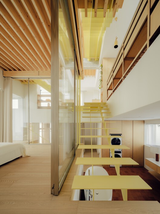 Split-Level Apartment  / Shiye Architecture Design and Research Practice - Interior Photography, Bedroom, Wood, Lighting, Stairs, Handrail, Glass