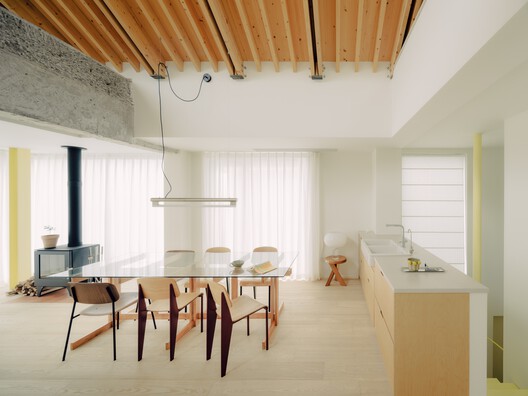 Split-Level Apartment  / Shiye Architecture Design and Research Practice - Interior Photography, Kitchen, Wood, Lighting, Chair, Table, Glass