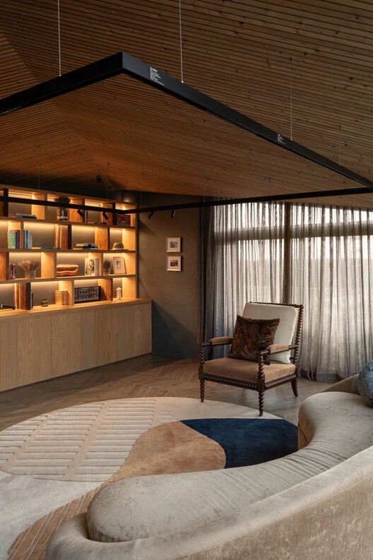 WA SSL House / AZAZ Architects WA SSL House / AZAZ Architects - Interior Photography, Living Room, Wood, Lighting, Table, Shelving, Chair