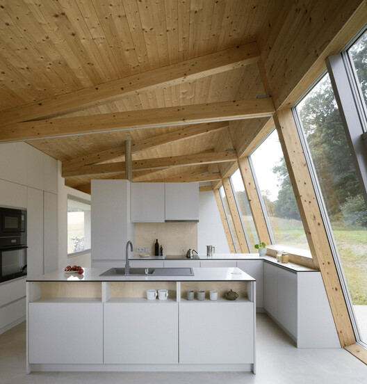 Modular House with a Sloping Facade / Papundekl Architects Modular House with a Sloping Facade / Papundekl Architects - Interior Photography, Kitchen, Wood, Countertop, Lighting, Chair, Glass, Beam