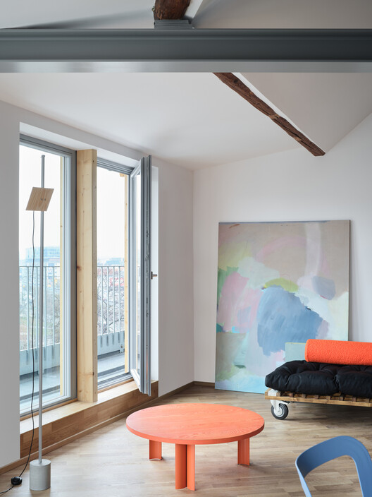 Harfa Rooftop Extension / matěj šebek architekti Harfa Rooftop Extension / matěj šebek architekti - Interior Photography, Bedroom, Wood, Lighting, Chair
