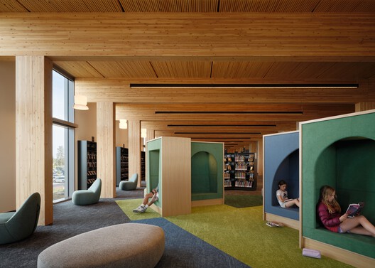 Biblioteca Central en Stevens Ranch / Miller Hull Partnership + Steele Associates Architects Biblioteca Central en Stevens Ranch / Miller Hull Partnership + Steele Associates Architects - Fotografía interior, Sala de estar, Estanterías, Madera