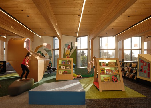 Biblioteca Central en Stevens Ranch / Miller Hull Partnership + Steele Associates Architects Biblioteca Central en Stevens Ranch / Miller Hull Partnership + Steele Associates Architects - Fotografía interior, Sala de estar, Madera, Estanterías, Iluminación