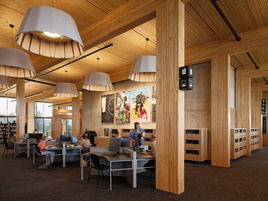 Biblioteca Central en Stevens Ranch / Miller Hull Partnership + Steele Associates Architects Biblioteca Central en Stevens Ranch / Miller Hull Partnership + Steele Associates Architects - Fotografía interior, Comedor, Madera, Iluminación, Vidrio, Sillas