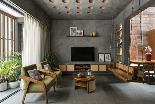 Vaastavya Residence / Space Agency - Interior Photography, Living Room, Wood, Table, Lighting, Chair