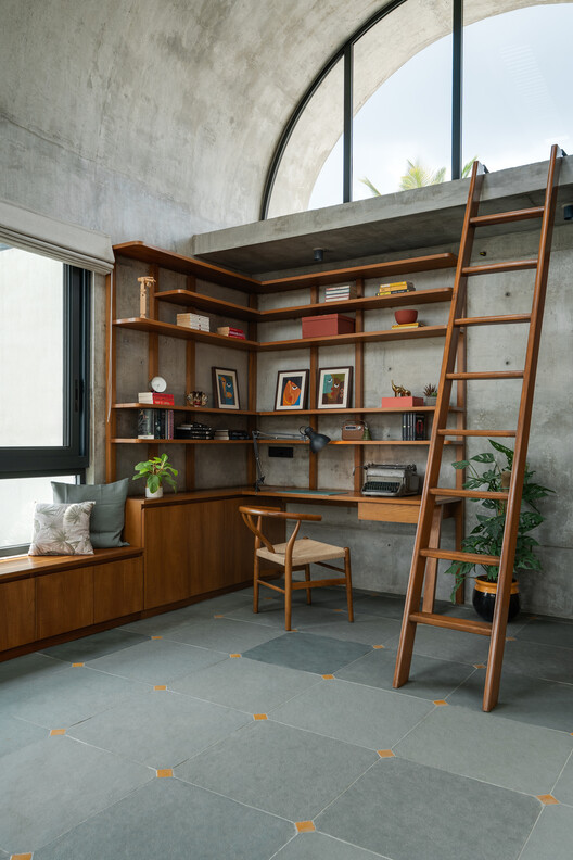 Vaastavya Residence / Space Agency - Interior Photography, Wood, Lighting, Shelving, Chair
